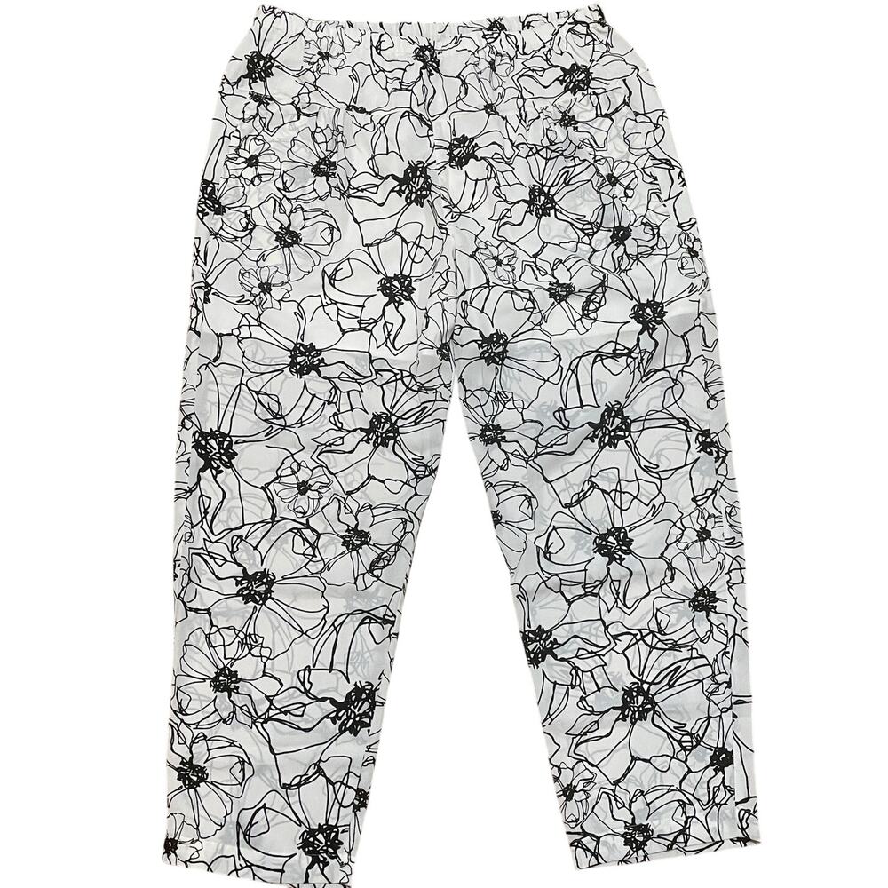 NYDJ Ines Slim Pants Elastic Waist Floral Sketch Black White MGGT5194 Womens M